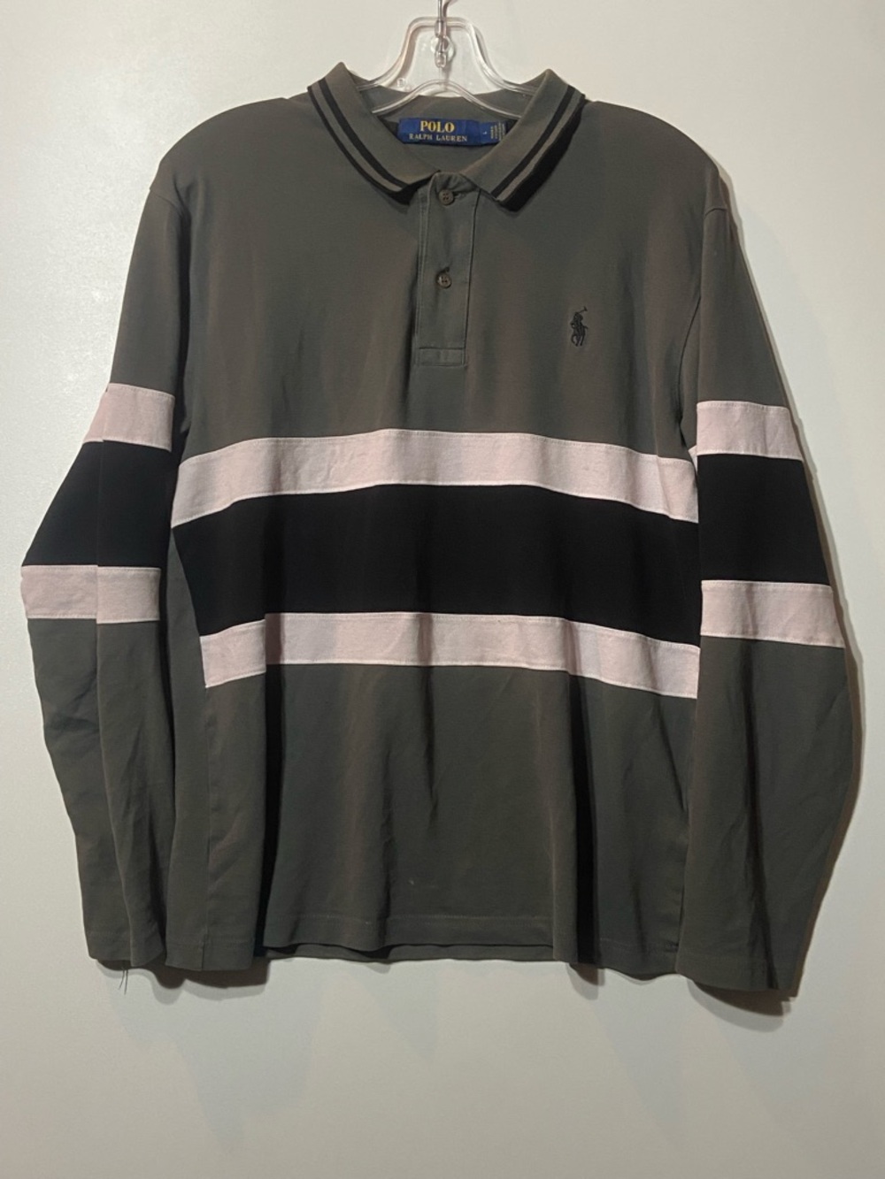 Polo by Ralph Lauren Men's Olive Green Striped Long-Sleeve Rugby Polo